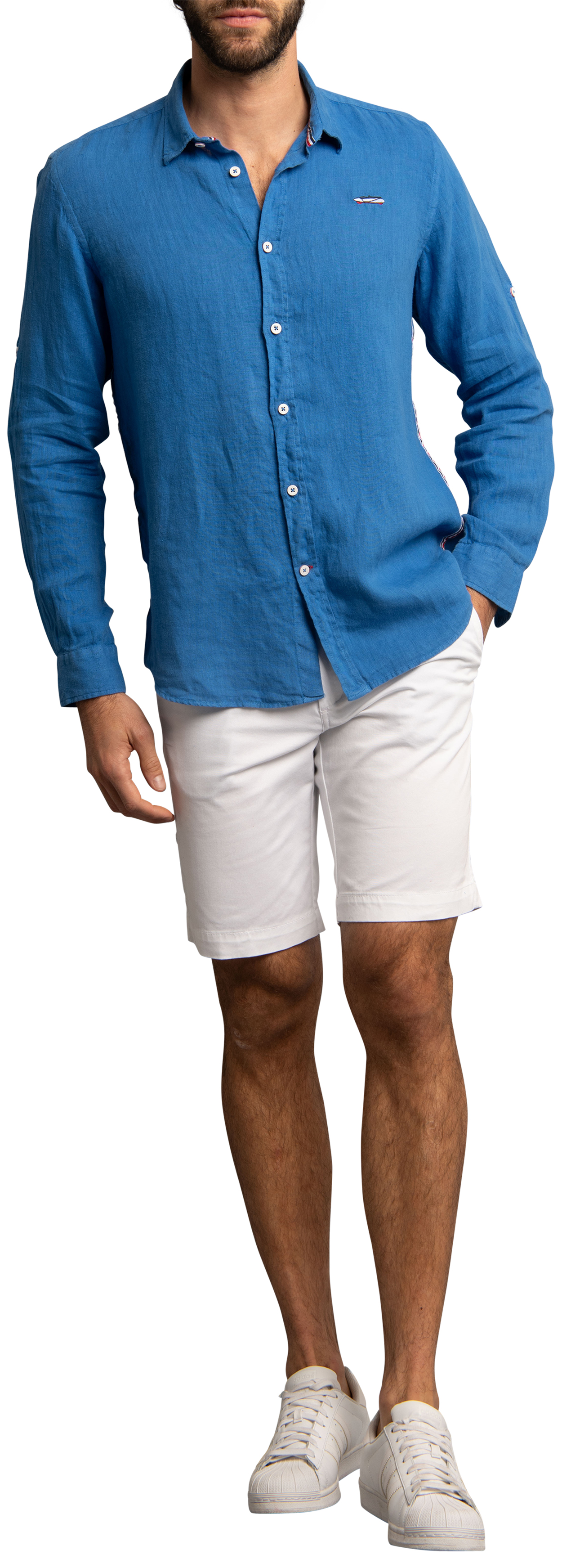 Chemise Delahaye lin avec manches longues et col français bleue