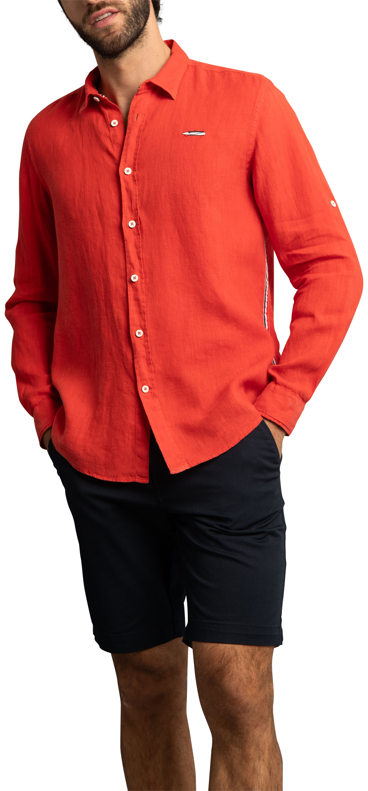 Chemise Delahaye lin avec manches longues et col français rouge