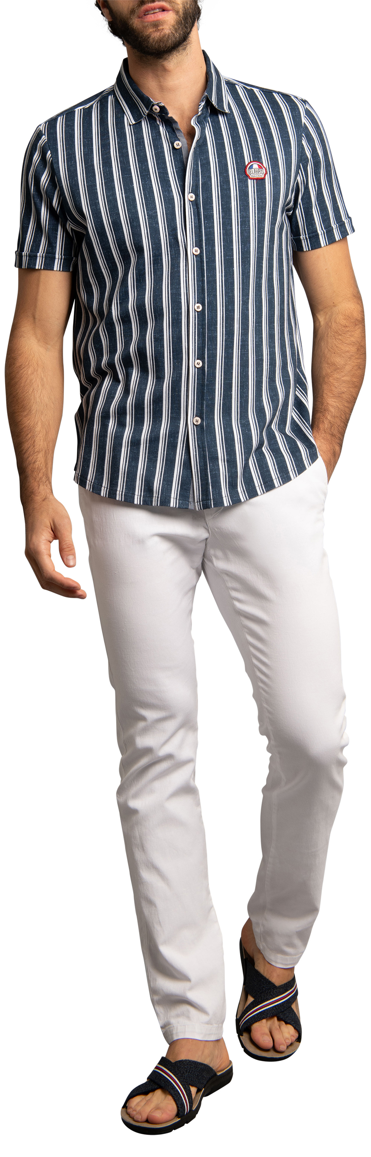 chemise delahaye coton avec manches courtes et col français marine rayée
