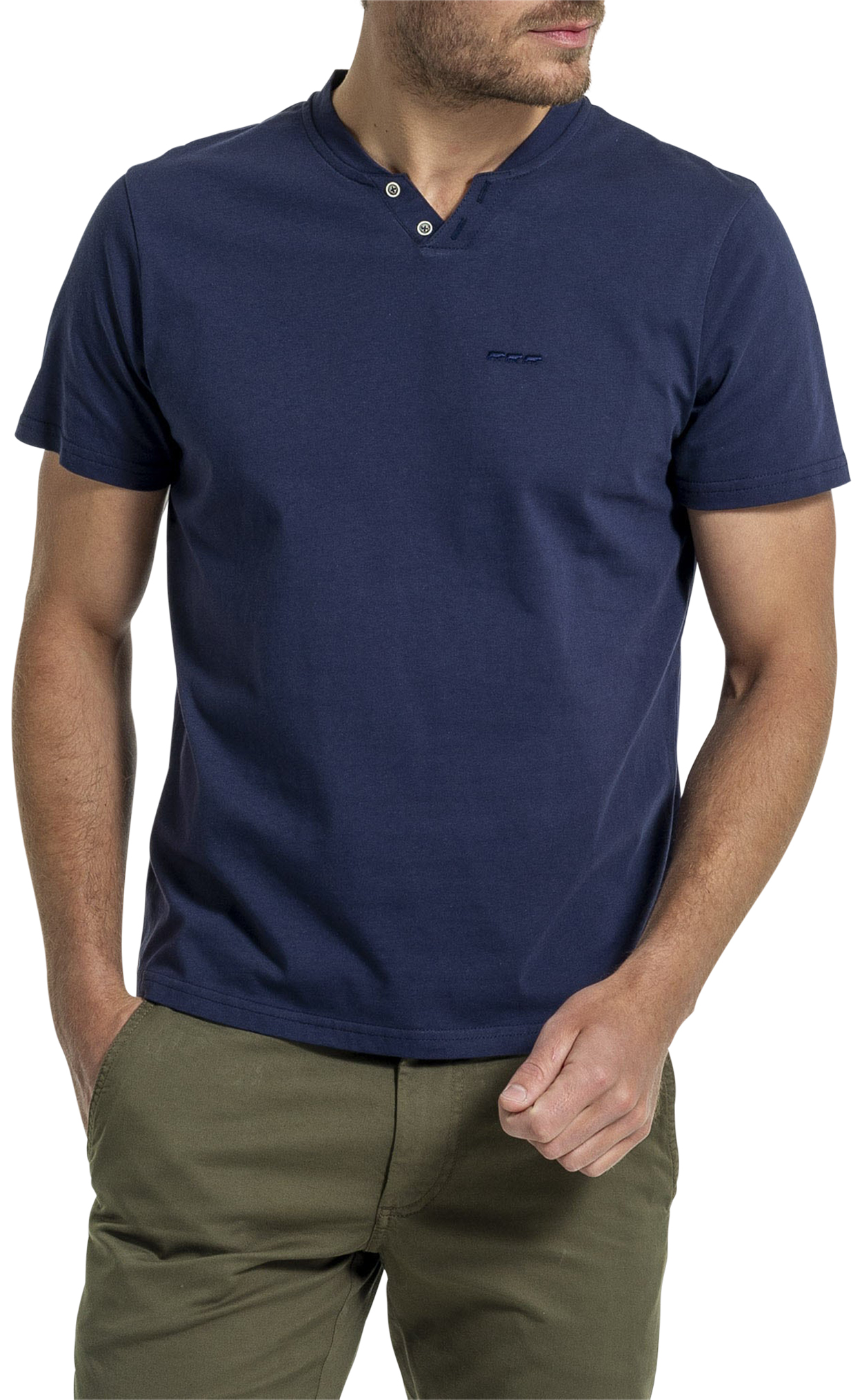 t-shirt mise au green en coton biologique avec et col rond boutonné marine