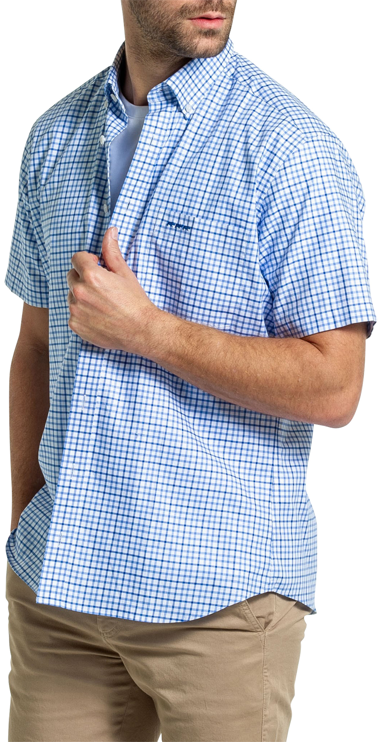 chemise mise au green en coton avec manches courtes et col américain bleu carreaux