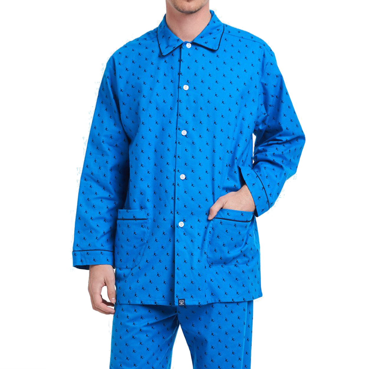 Pyjama long Arthur Piste en coton : chemise et pantalon bleu roi à motifs noirs