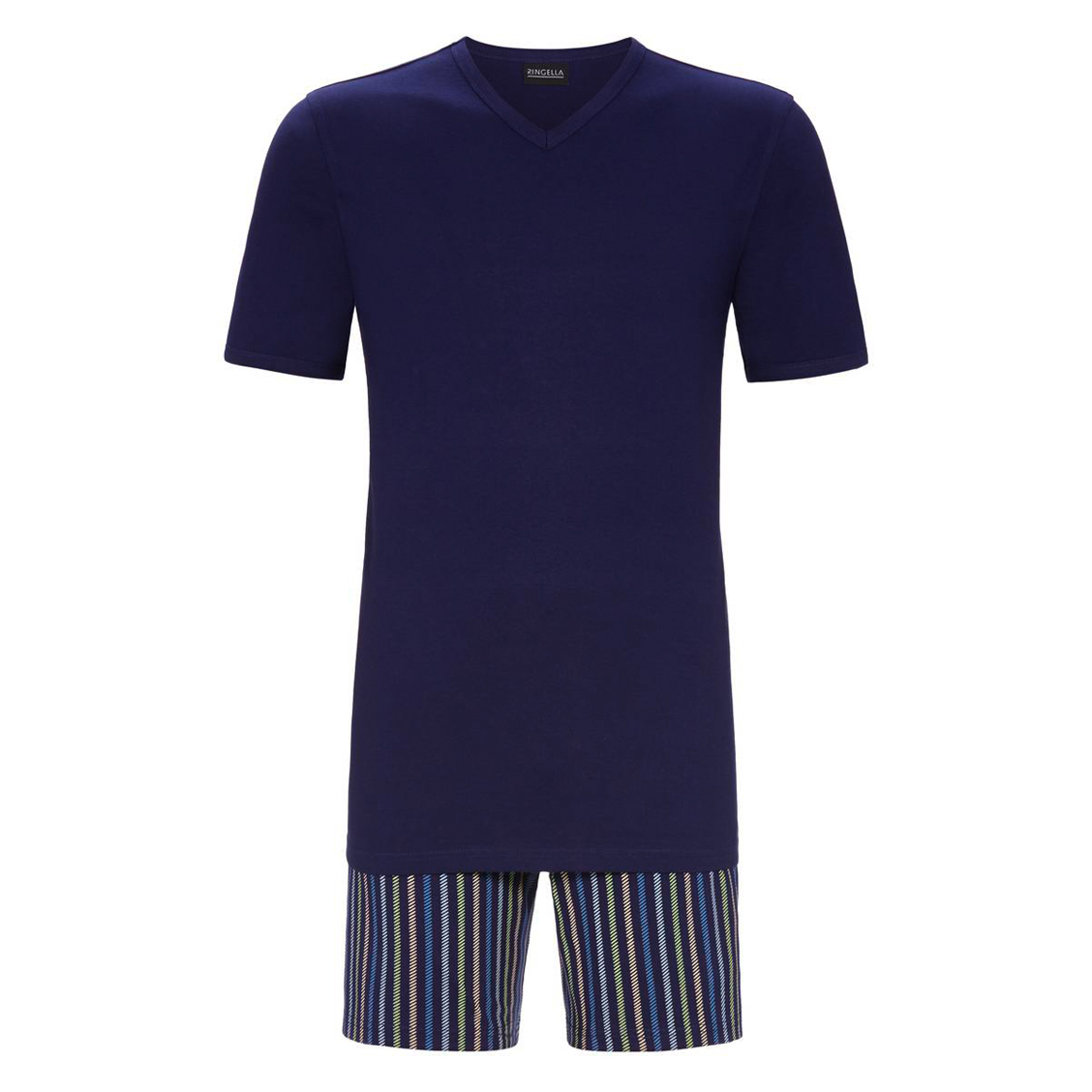 pyjama court ringella en coton : tee-shirt col v bleu nuit et short bleu nuit à rayures vertes, beiges, bleu marine et bleu clair