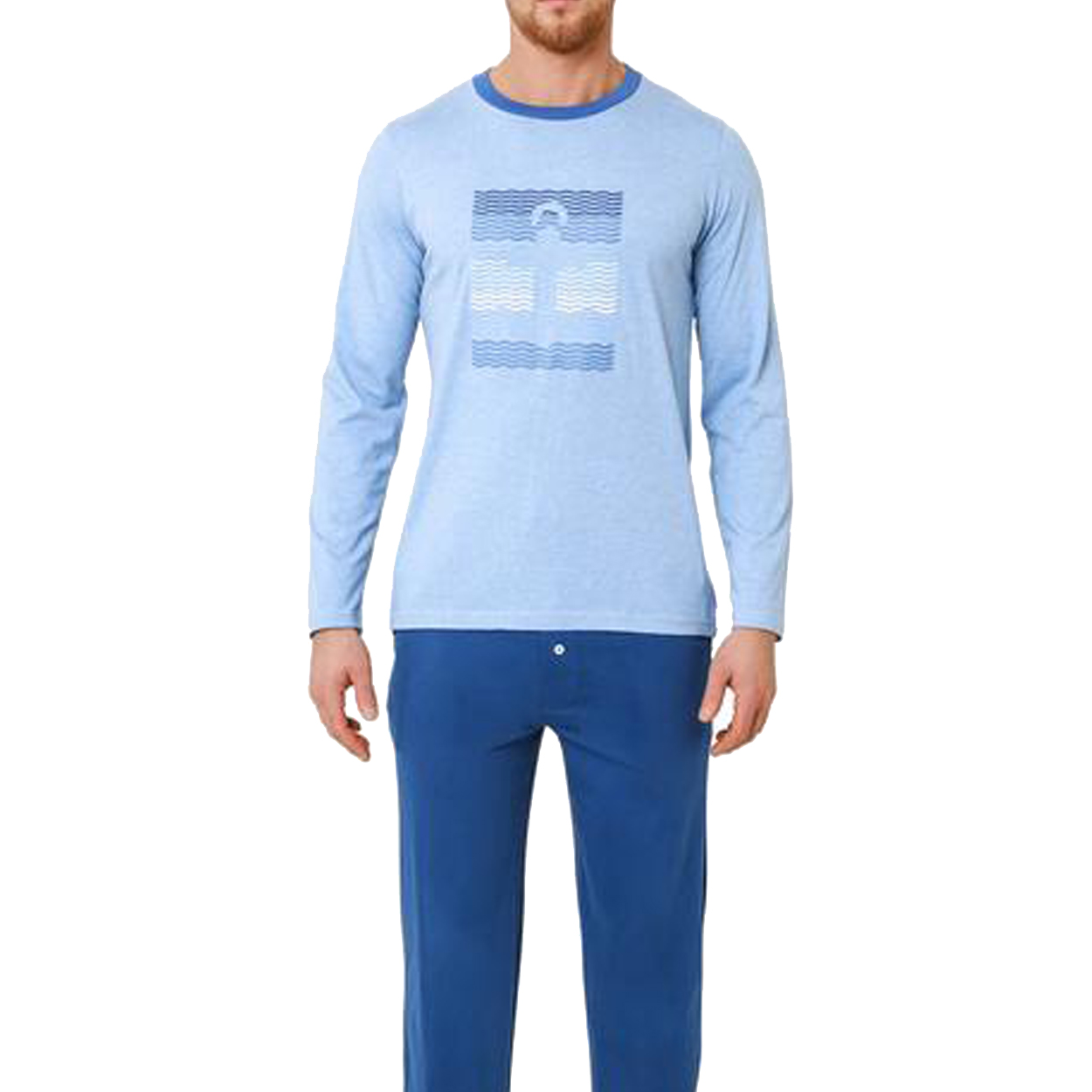 Pyjama long Mariner en coton : tee-shirt manches longues col rond bleu ciel floqué et pantalon bleu 