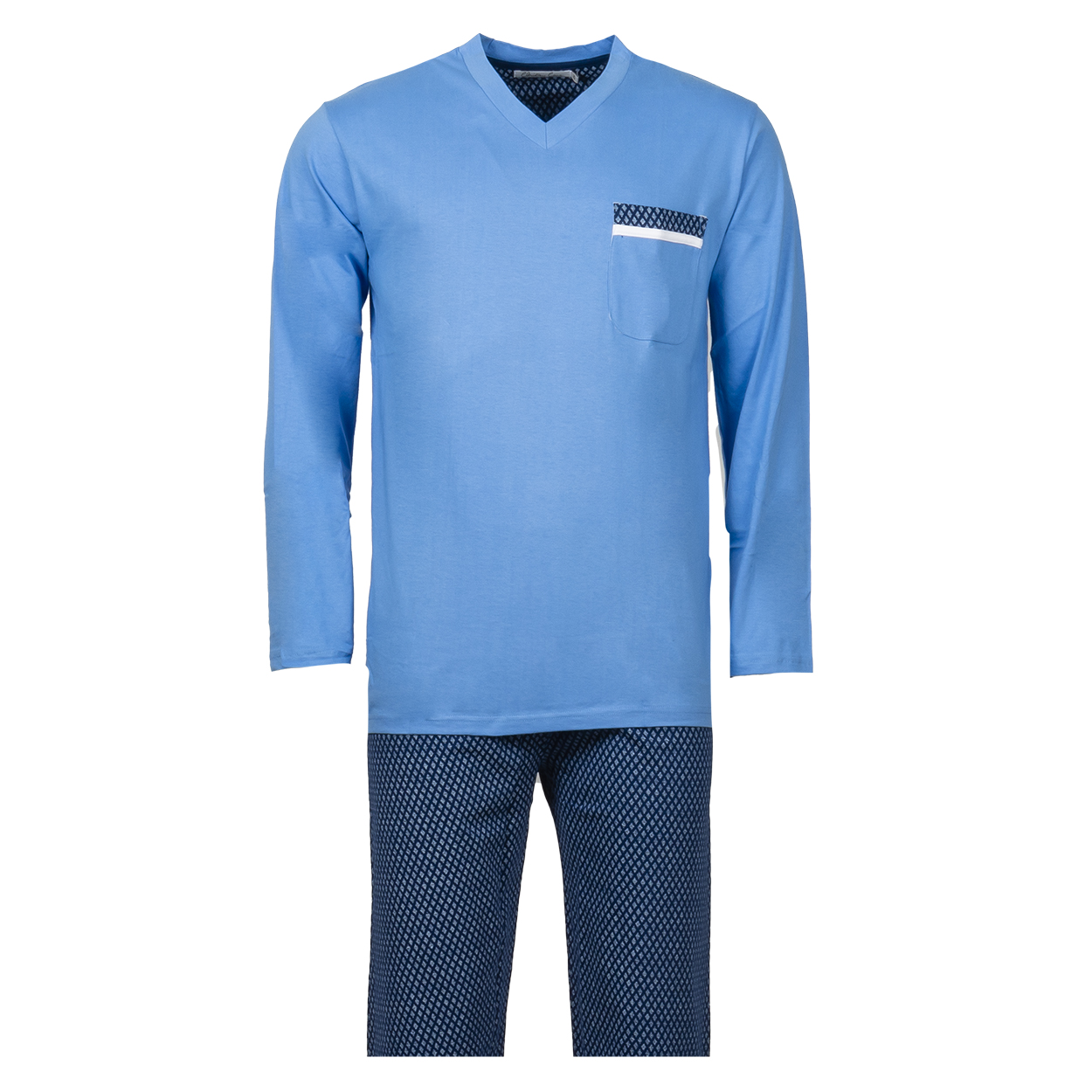 Pyjama Christian Cane Waren en coton : tee-shirt manches longues col V bleu ciel et pantalon bleu ma
