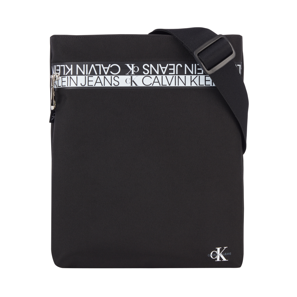 Sacoche plate à bandoulière Calvin Klein Flatpack noire à liserés logotypés