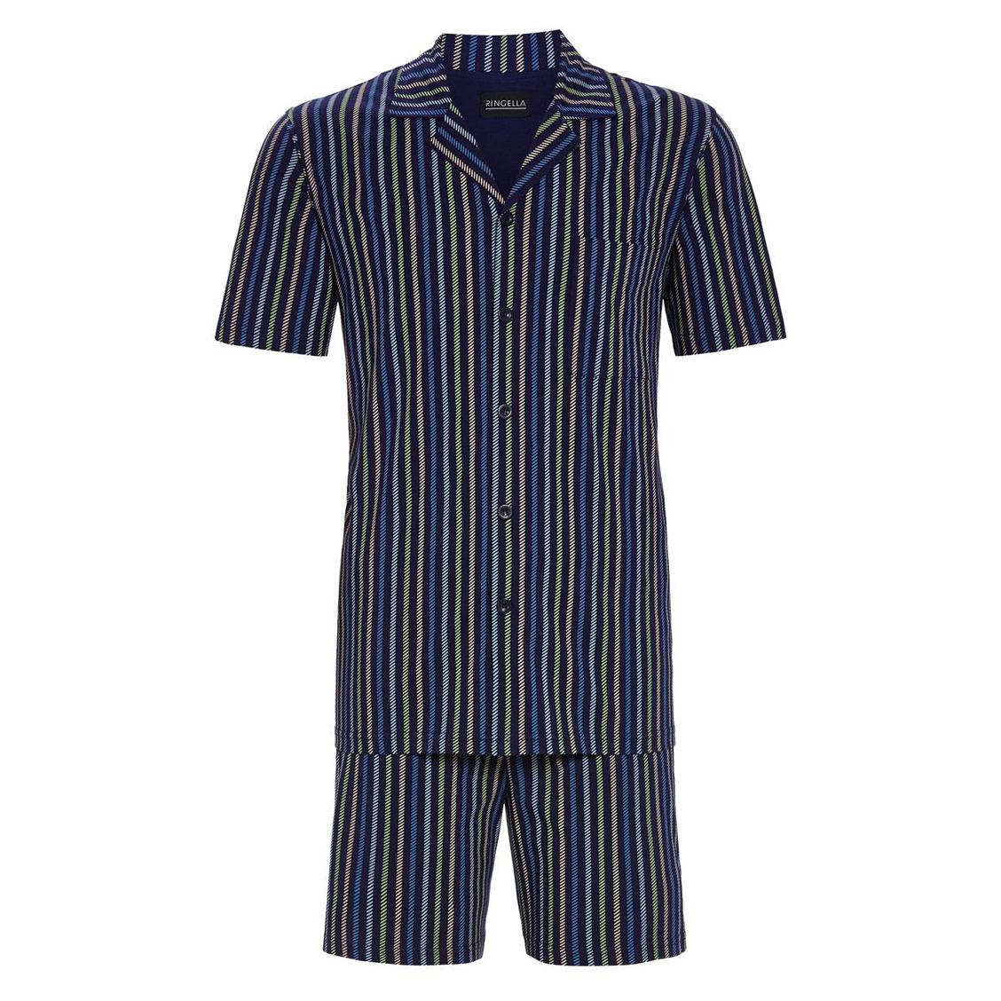 Pyjama court Ringella en coton : chemise et short bleu nuit à rayures vertes, beiges, bleu clair et 