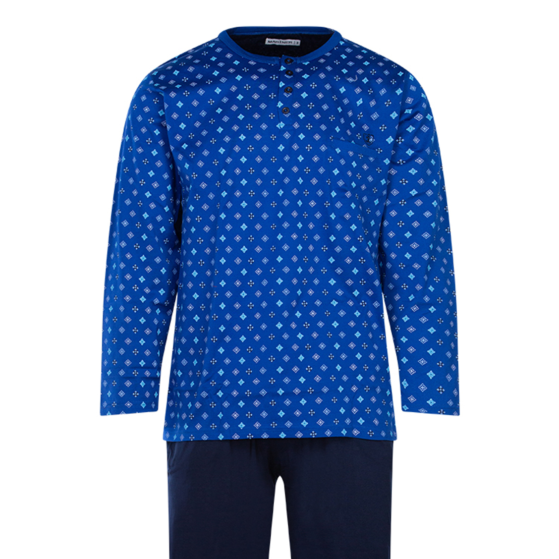 Pyjama long Mariner en coton : tee-shirt manches longues bleu indigo à micro motifs multicolores et 