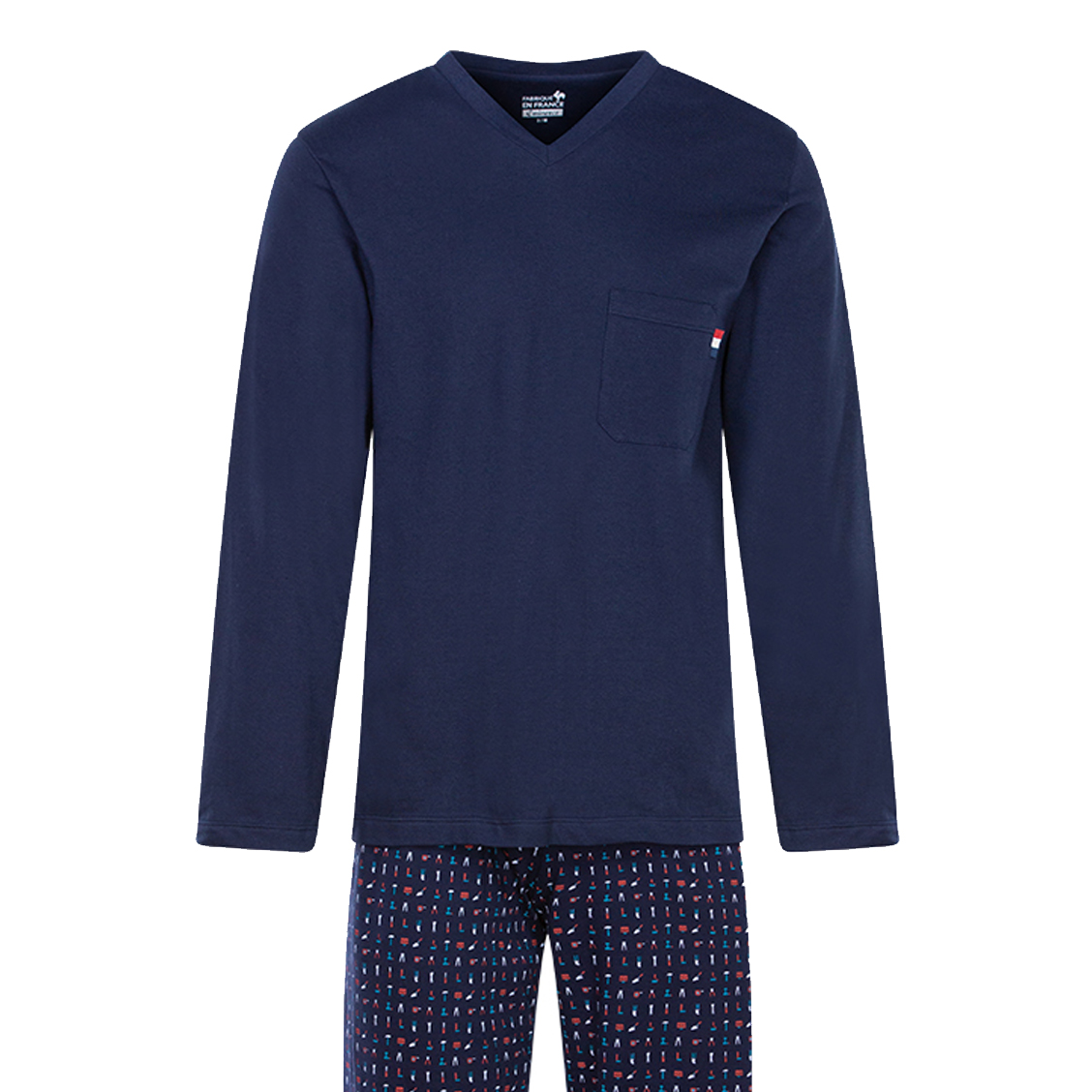 Pyjama long Eminence en coton : tee-shirt manches longues bleu marine et pantalon bleu marine à micr