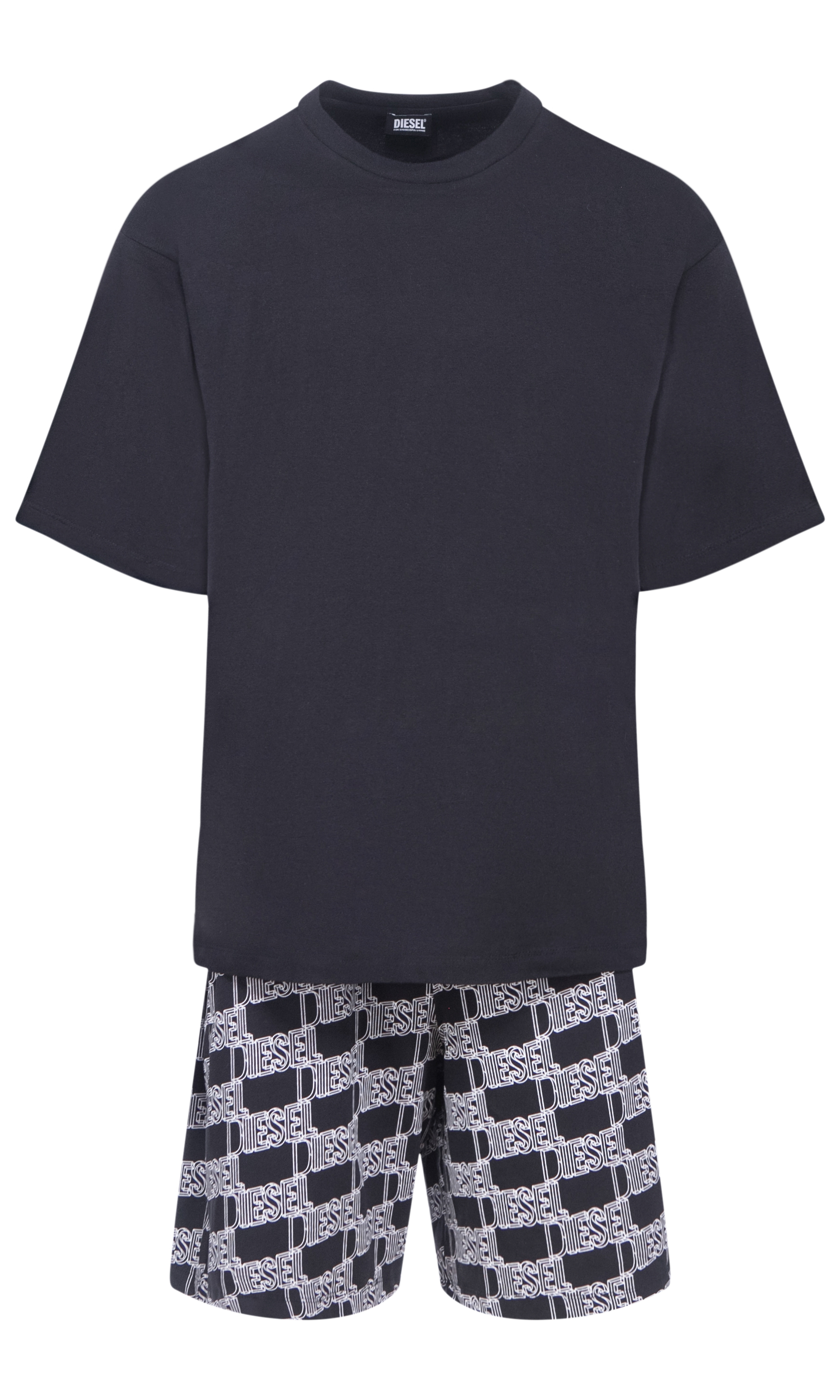 Pyjama court Diesel en coton stretch : tee-shirt col rond noir et short noir logoypé en blanc