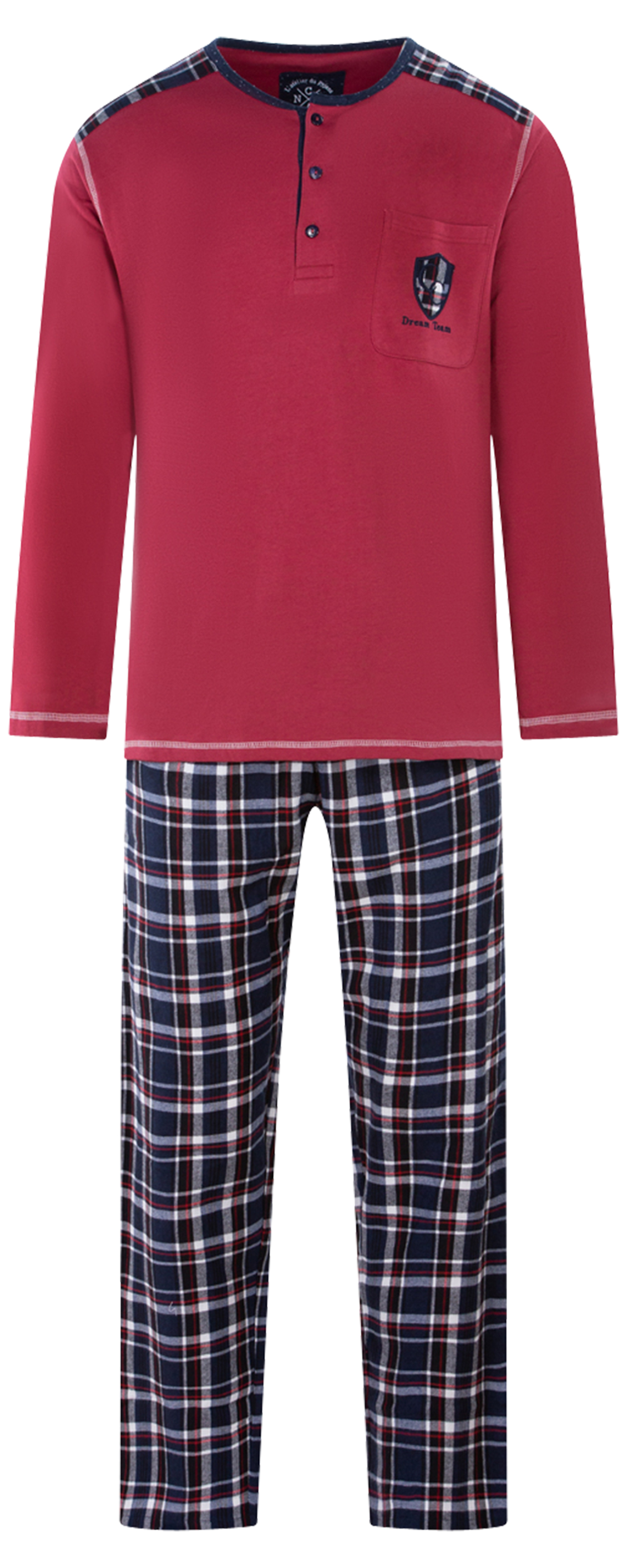 pyjama long christian cane en coton avec manches longues et col tunisien rouge à carreaux