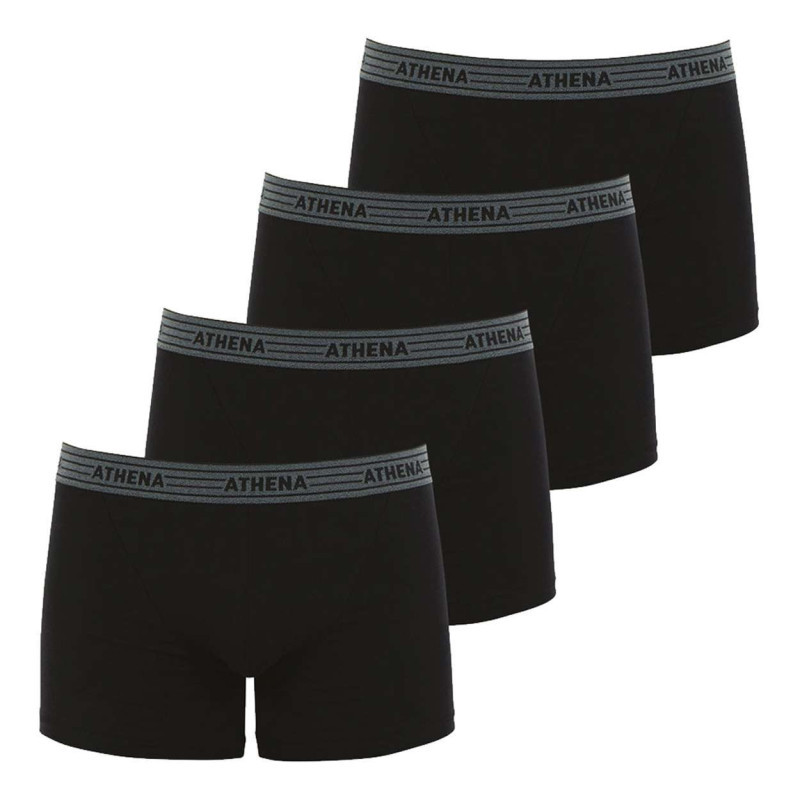 Athéna - Lot De 4 Boxers Noirs En Coton Unis Avec Taille élastiquée Grise - Noir