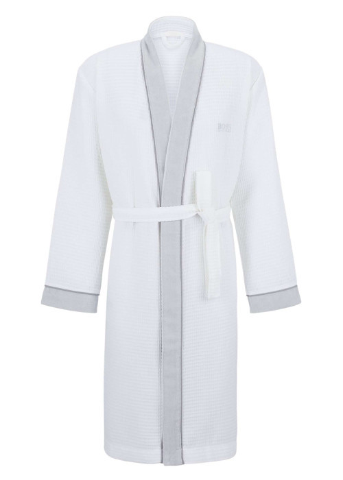 Peignoir blanc en coton tissu effet nid-d’abeilles et ceinture à nouer devant