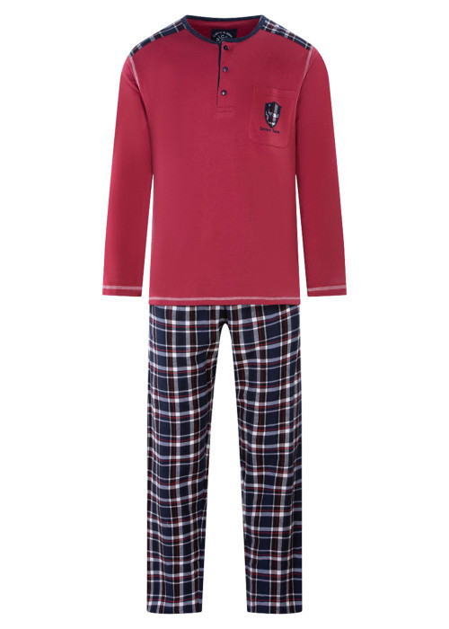 Pyjama long en coton rouge à carreaux avec une coupe droite et un col tunisien