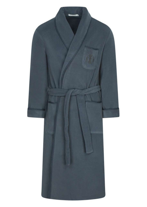Robe de chambre grise à col à revers avec une ceinture à nouer à la taille