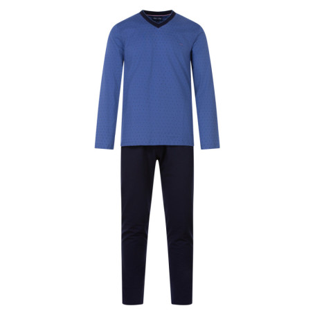 Pyjama long bleu imprimé en coton col v