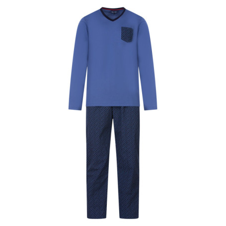 Pyjama long bleu imprimé en coton col v