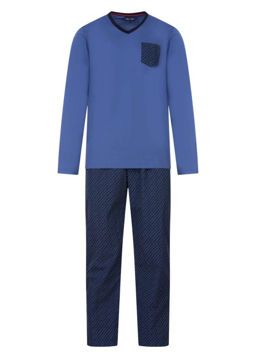 Pyjama long bleu imprimé en coton col v
