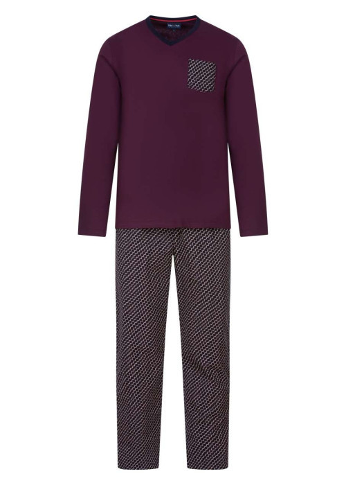 Pyjama long bordeaux imprimé en coton col v