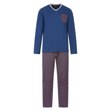 Pyjama long bleu imprimé en coton col v