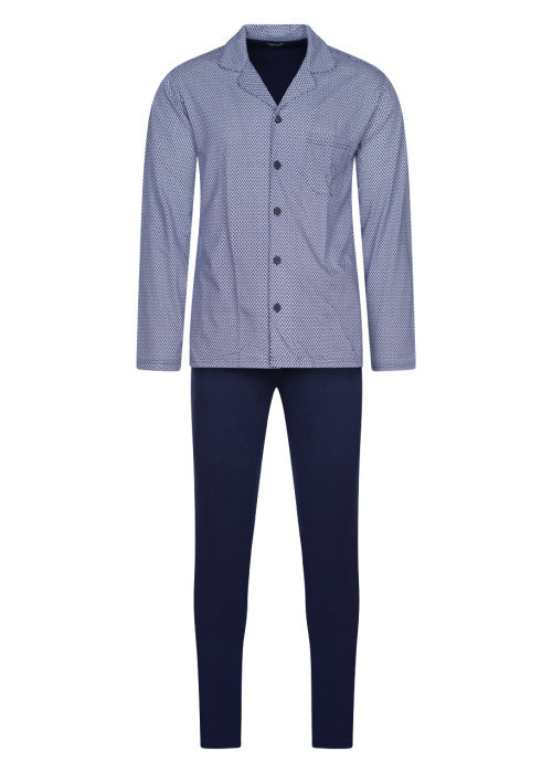 Pyjama long Ramatuelle marine en coton coupe droite fluide col cranté