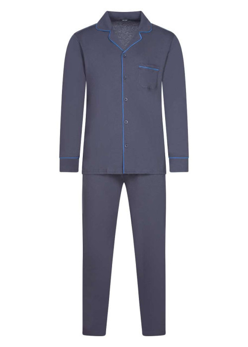 Pyjama long Samena anthracite uni en coton coupe droite fluide col cranté