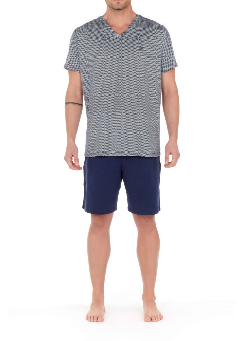 Pyjama Ramatuelle marine en coton fantaisie coupe régular col v