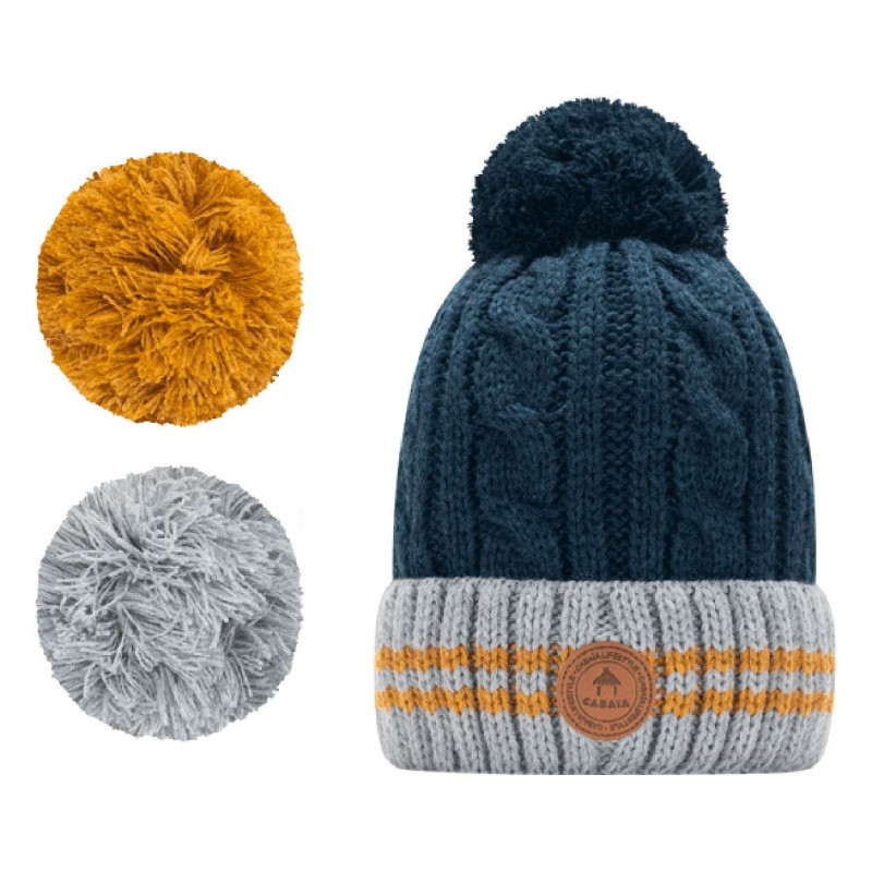 Cabaia - Bonnet Marine à Revers Gris Et Jaune Et à Pompons Interchangeables - Bleu Cabaia - Bonnet Marine à Revers Gris Et Jaune Et à Pompons Interchangeables - Bleu