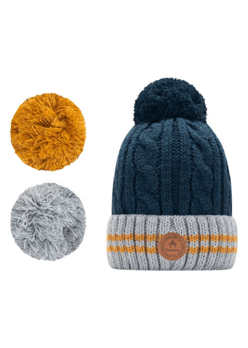 Bonnet marine à revers gris et jaune et à pompons interchangeables