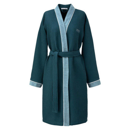 Peignoir bleu canard en coton tissu effet nid...