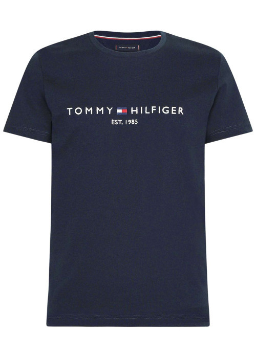 T-shirt marine en coton biologique col rond et manches courtes avec logo brodé sur la poitrine