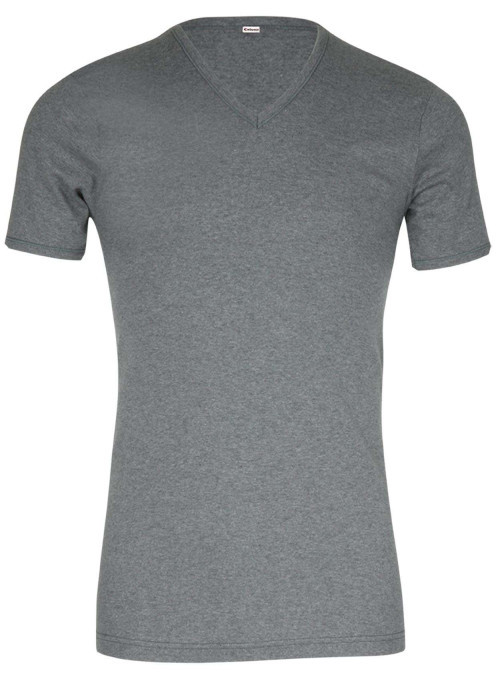 T-shirt gris uni avec une coupe droite un col en V et des manches courtes