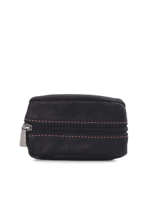 Porte-monnaie noir uni en cuir à fermeture zippée et logo embossée