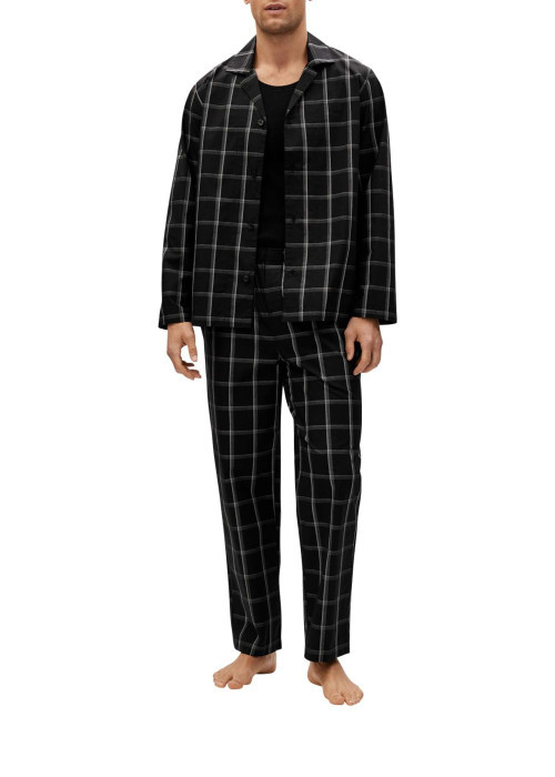 Pyjama long noir en coton fantaisie coupe régular avec un col cubain à manches longues