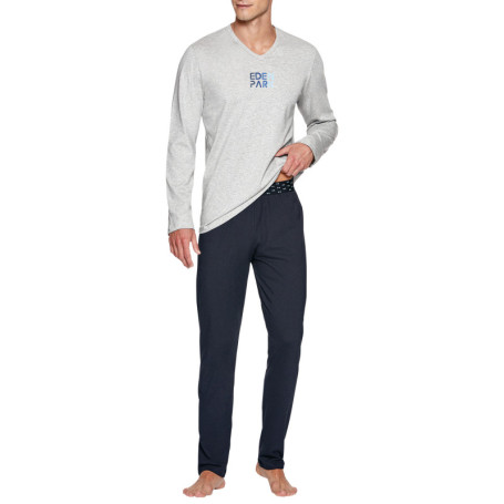 Pyjama long gris en coton uni coupe droite col...