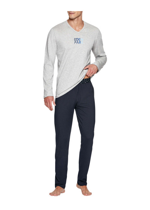 Pyjama long gris en coton uni coupe droite col v à manches longues avec petit logo poitrine