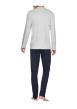 Thumbnail Pyjama long gris en coton uni coupe droite col v à manches longues avec petit logo poitrine - Image 2