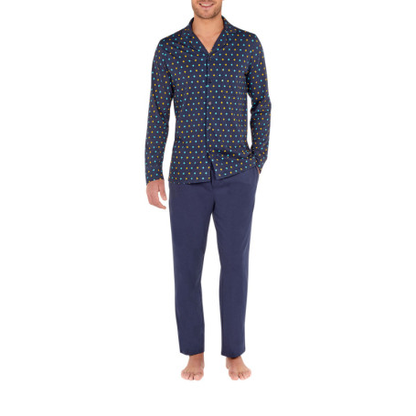 Pyjama long marine en coton fantaisie coupe...