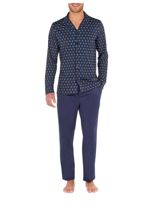 Pyjama long marine en coton fantaisie coupe droite avec un col cubain et un imprimé losanges
