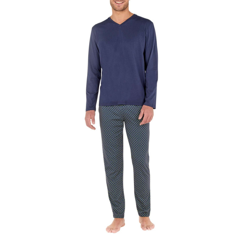 Hom - Pyjama Long Marine En Coton Fantaisie Coupe Droite Avec Un Col V Et Un Motif Cadrillage - Marine Hom - Pyjama Long Marine En Coton Fantaisie Coupe Droite Avec Un Col V Et Un Motif Cadrillage - Marine