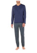 Thumbnail Pyjama long marine en coton fantaisie coupe droite avec un col v et un motif cadrillage