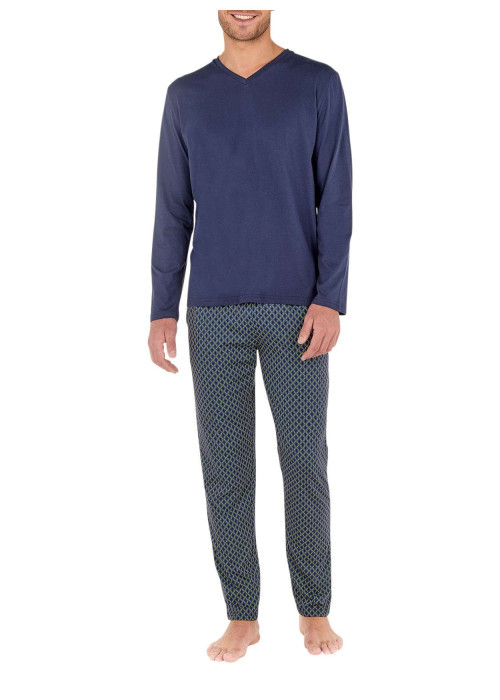 Pyjama long marine en coton fantaisie coupe droite avec un col v et un motif cadrillage