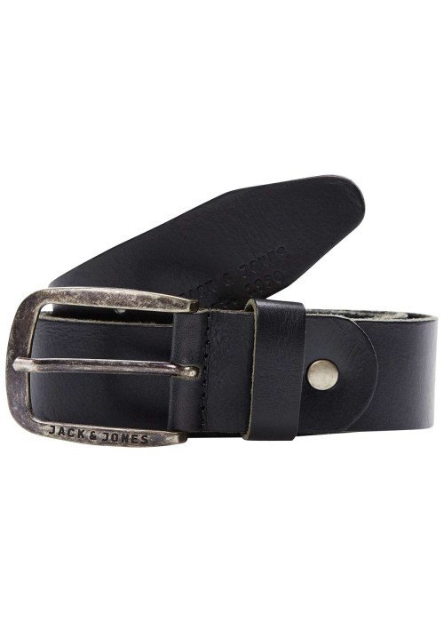Ceinture Paul en cuir noire unie avec nom de la marque gravé sur la boucle