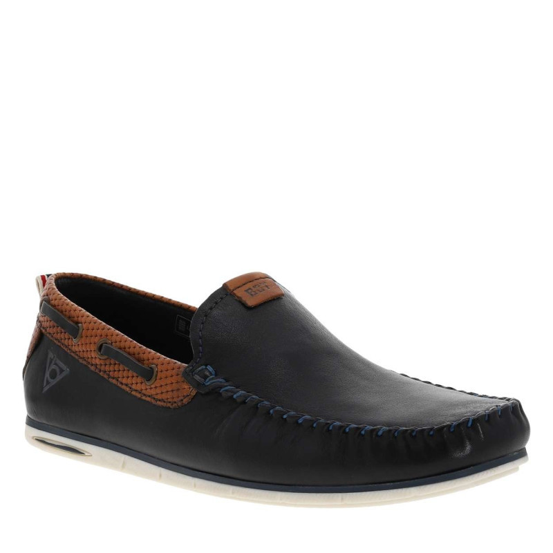Bugatti - Mocassins à Talon Plat Marine En Cuir Avec Surpiqûres Bleues à L'avant - Marine