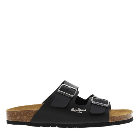 Mules noires avec talon plat à double boucle à...