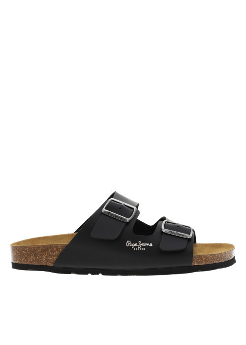 Mules noires avec talon plat à double boucle à ardillon