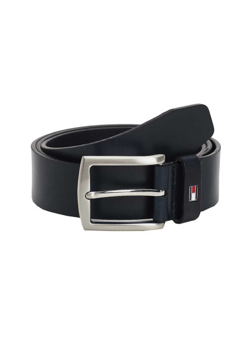 Ceinture marine en cuir unie avec logo de la marque imprimé sur le passant