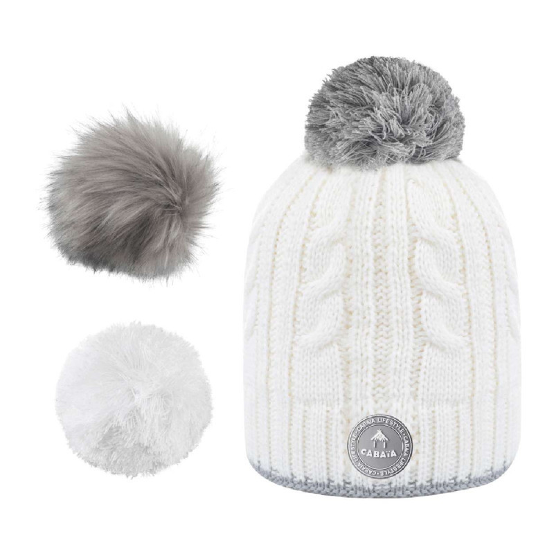 Cabaia - Bonnet Blanc En Maille Torsadée Milky Avec Pompons Interchangeables - Blanc Cabaia - Bonnet Blanc En Maille Torsadée Milky Avec Pompons Interchangeables - Blanc
