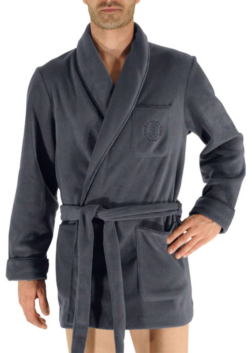 Peignoir gris anthracite mi-long avec ceinture et poche à logo brodé à manches longues