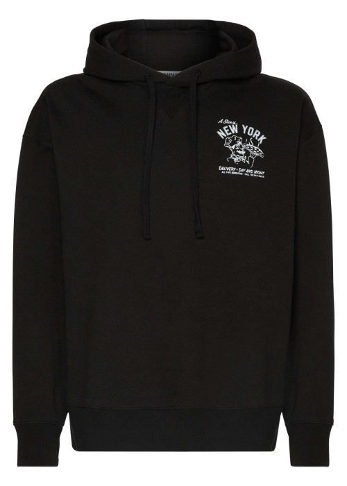 Sweat en coton noir uni coupe droite avec un col à capuche et imprimé pizzaiolo